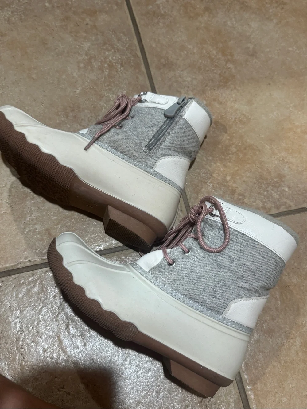 Kids White and Gray Winter Snow Boots with Pink Laces